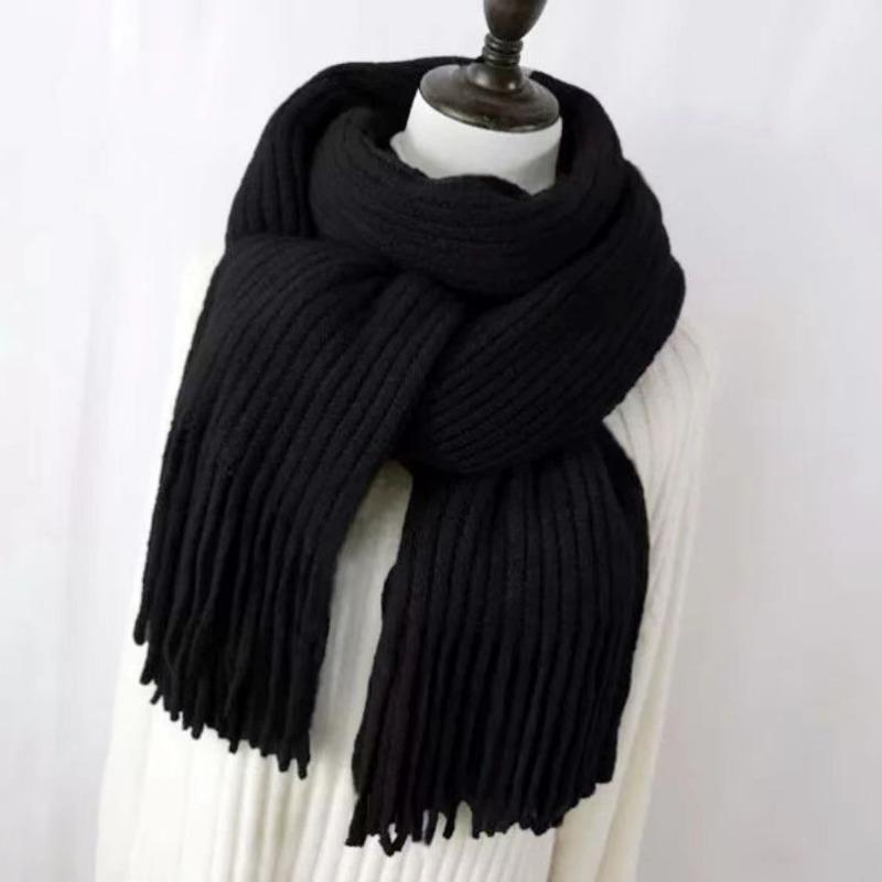 

Winter long scarf women s simple fringed shawl with imitation cashmere windproof warm solid color scarf чёрный