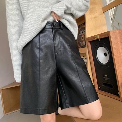 Damen Frühling PU Leder High Waist Weitbeinige Shorts Einfarbig Locker Gerade Fünf-Hosen