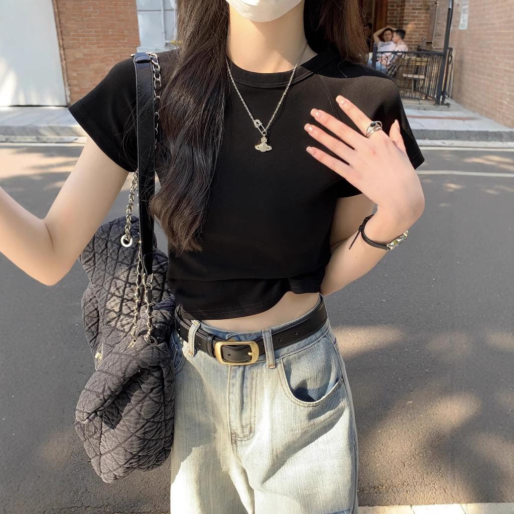 Solid color simple front shoulder crew neck short-sleeved T-shirt women's summer new Korean version slim and thin student tops trendy