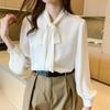 Mode Langarm Bogen Kragen Weiß Chiffon Bluse Shirt Frauen Tops J199