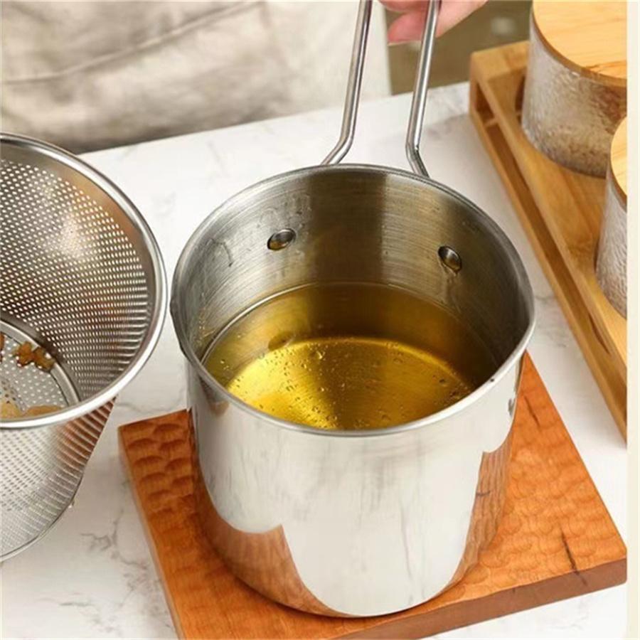 304 Stainless Steel High Deep Pot Auxiliary Food Pot with Strainer Oil Basket Oil Saving Small Fryer