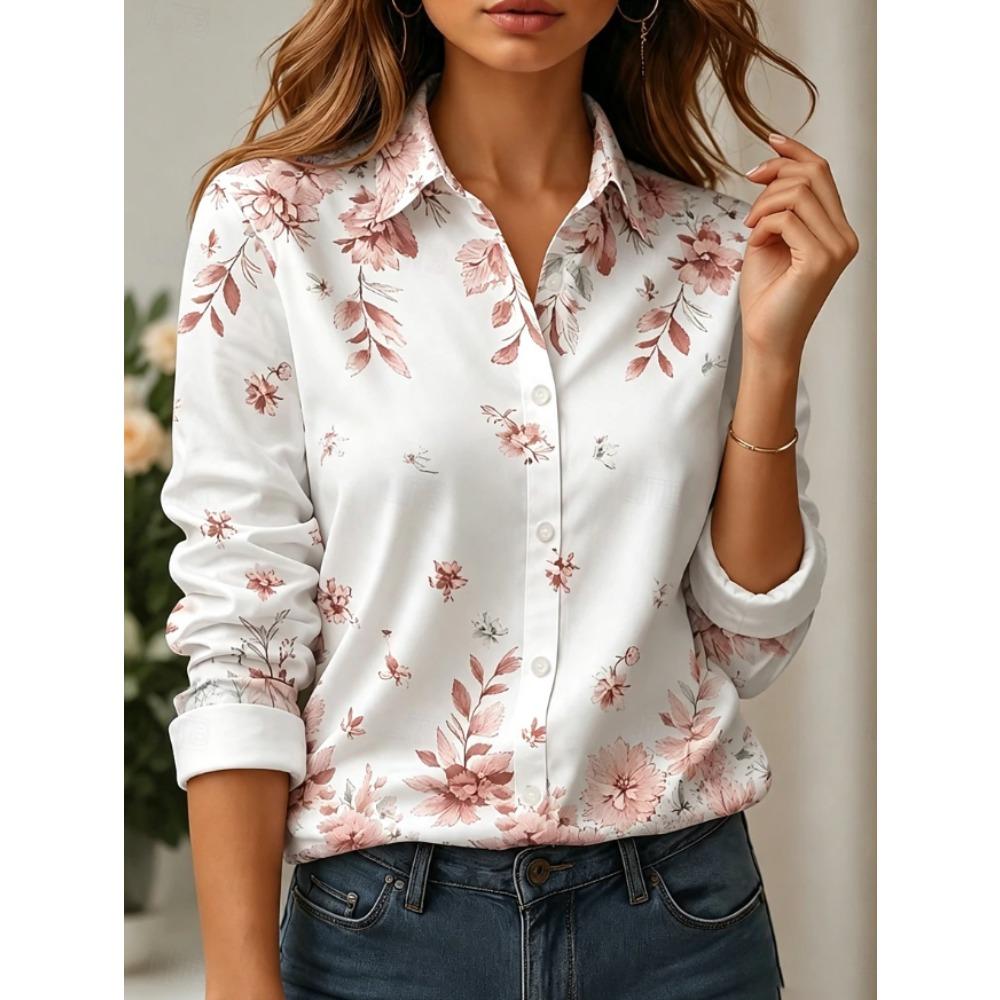 Floral Print Women Blouse Spring Autumn Femme Office Lady Button Up Turn Down Collar Shirts