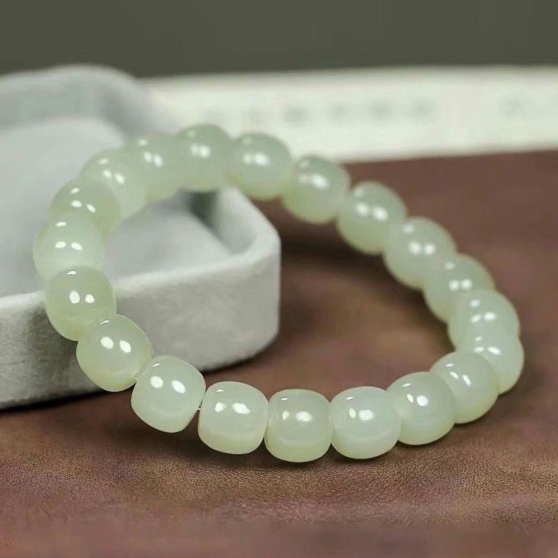Pulseira de Contas Redondas de Jade Hetian Autêntico - Pedra de Jade Água do Lago Qingbai Genuína para Homens e Mulheres