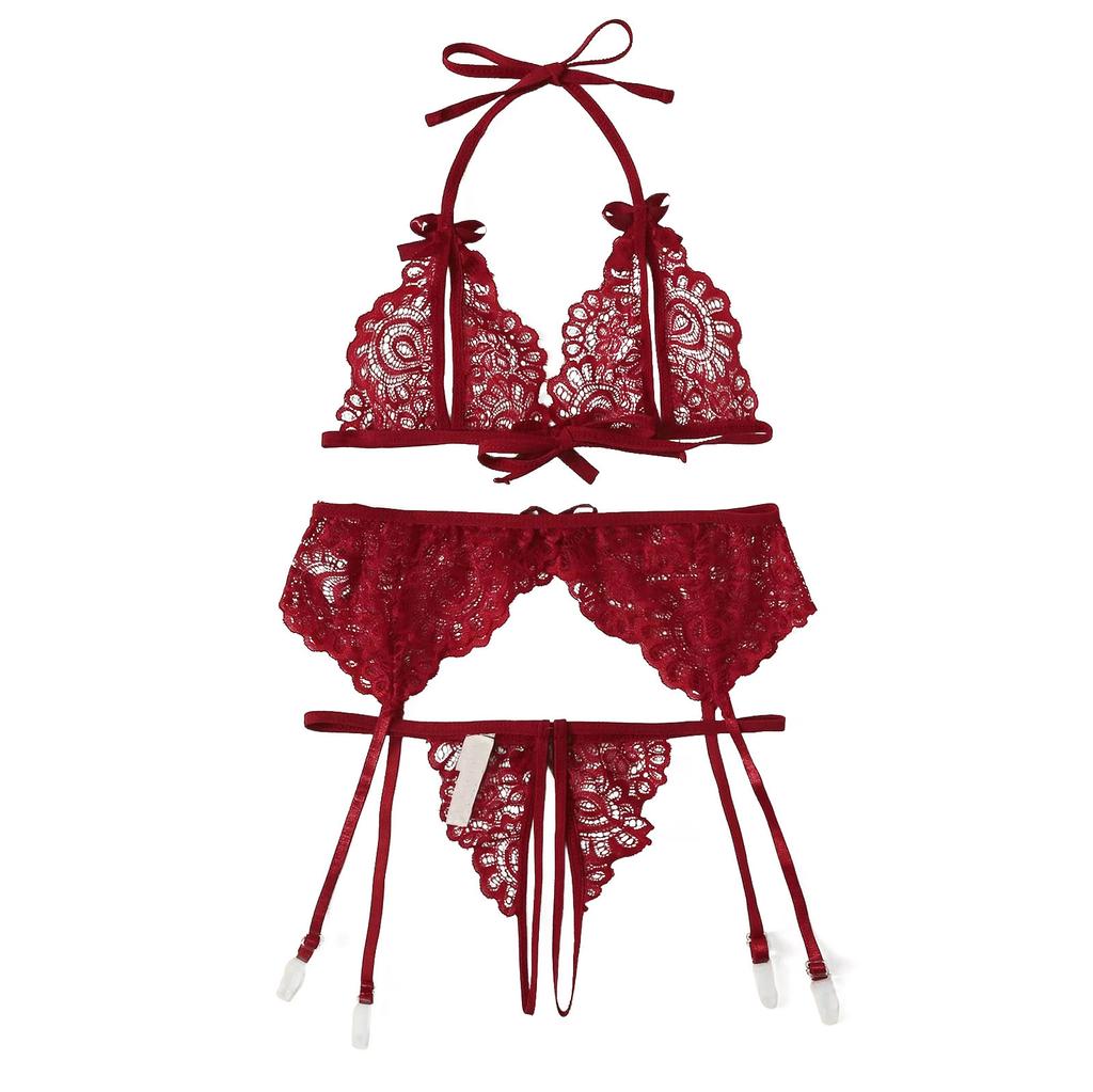 Lace Butterfly Pattern Lingerie Set Halter Neck Bralette with Adjustable Straps Garter Belt and Matching Panties Sheer Design