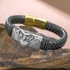 Dawapara Punk Flying Eagle Owl Bangle Bracelet 20cm Black Leather Wristband for Men Stainless Steel Jewelry