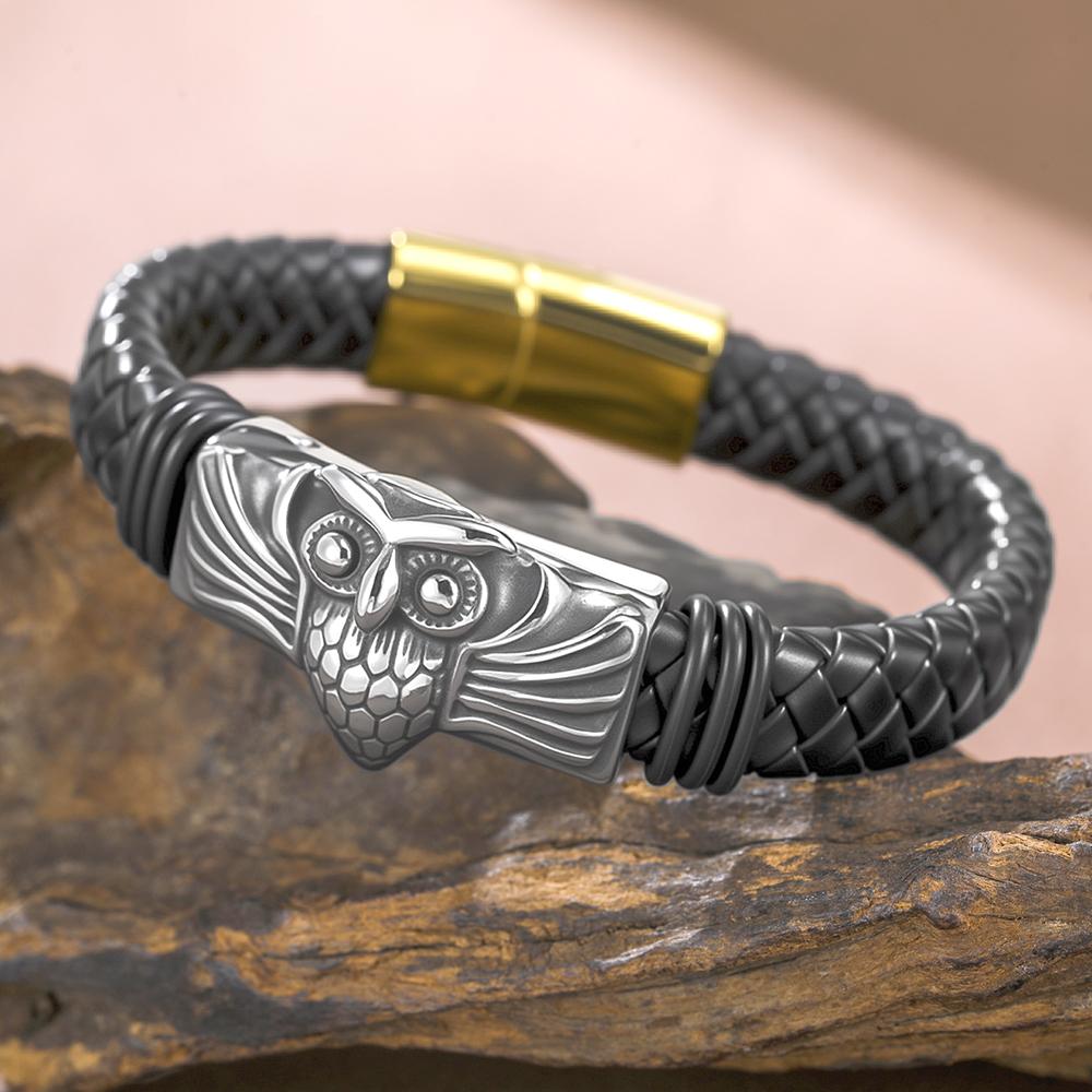 Dawapara Punk Flying Eagle Owl Bangle Bracelet 20cm Black Leather Wristband for Men Stainless Steel Jewelry