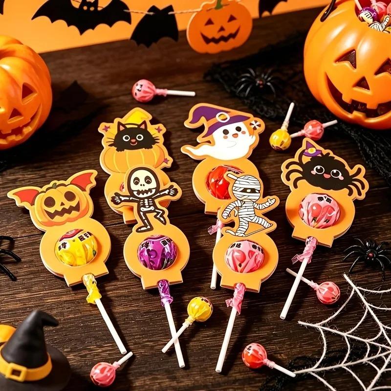 24pcs Halloween Lollipop Paper Card Cute Spider Mummy Ghost Pumpkin Skeleton Candy Holder Tags for Party Decor Supplies