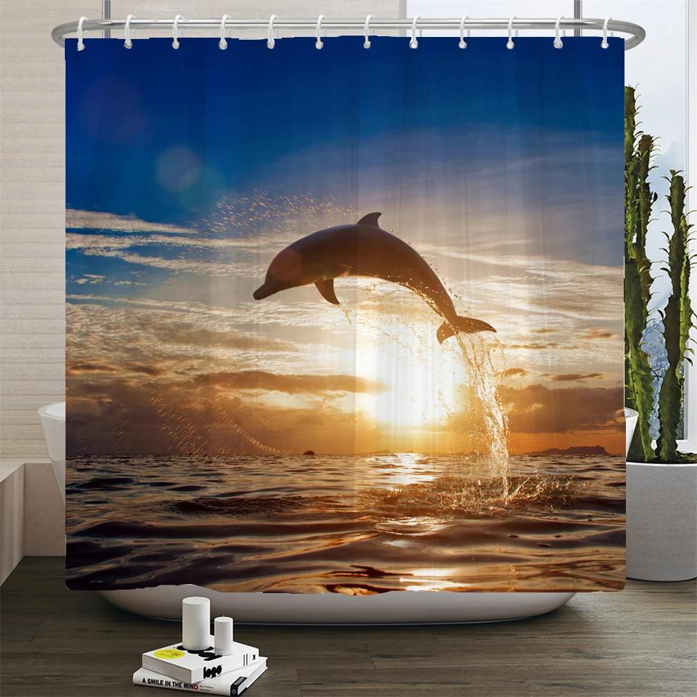 Sunlight Ocean Scenery Shower Curtains Decoration Waterproof Fabric Sunset Dusk Sea Dolphin Cowboy Bath Curtain Bathroom Screen