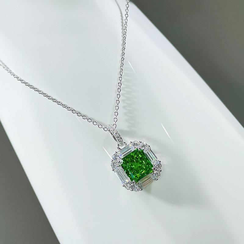 925 Sterling Silber Grüner Zirkonia Anhänger Halskette für Damen Anmutig Charmante Halsketten Accessoires Schicker Brautschmuck