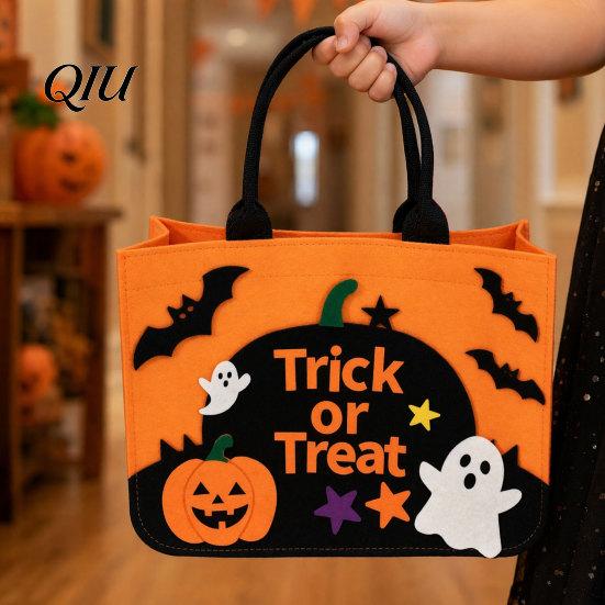 Non-woven Felt Tote Halloween Trick or Treat Bag, Goodie Bag with Pumpkin Ghost Patches, Child-friendly Large Candy for Kids, Party Favor,