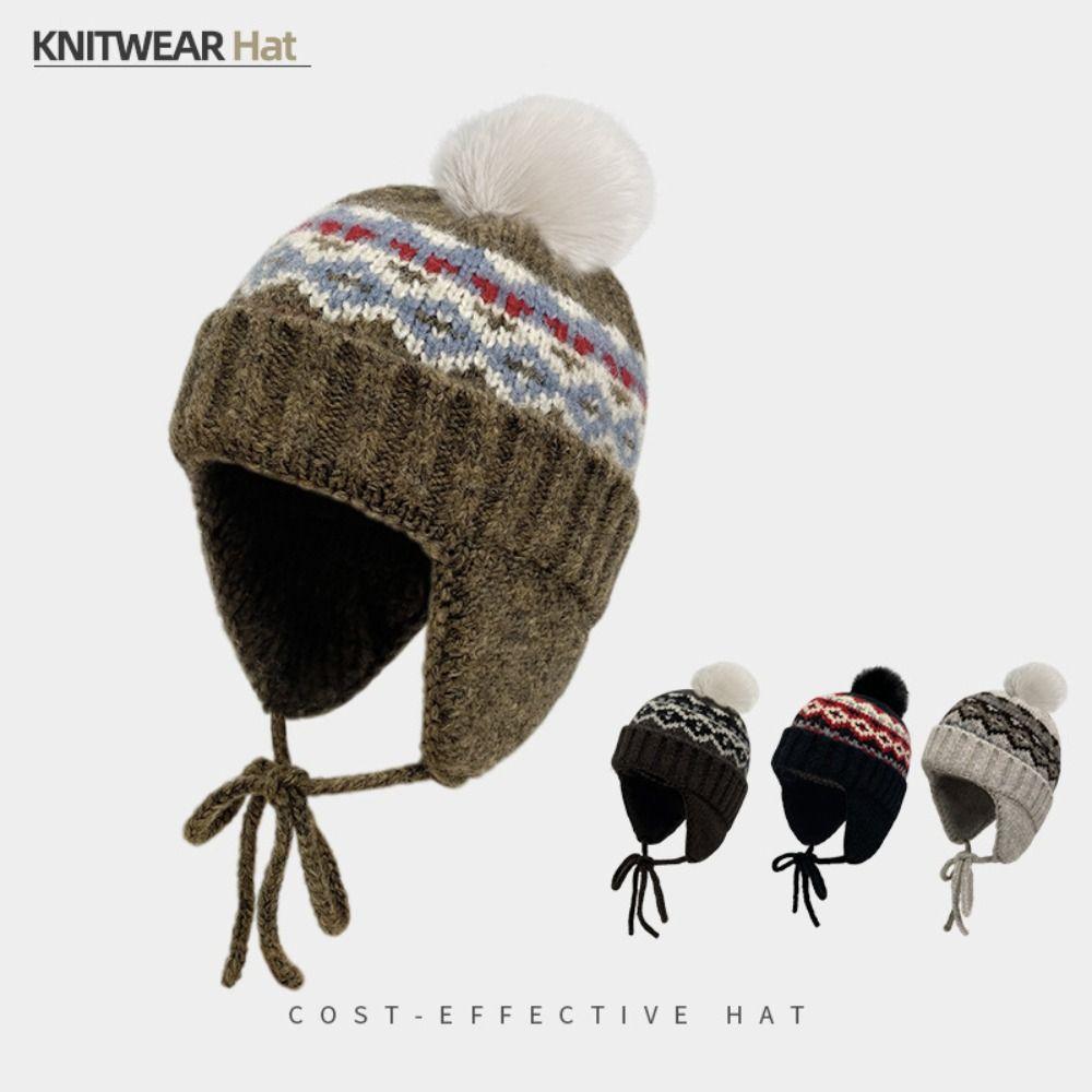 Warm Fair Isle Style Beanies Wool Lei Feng Hat Retro Jacquard Knitted Hat Girls