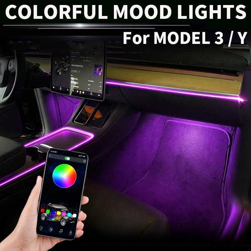 Center Console Dashboard Neon Light Tubes For Tesla Model 3 Y 2021 2022 RGB Interior Ambient LED Strip Lights App Controller
