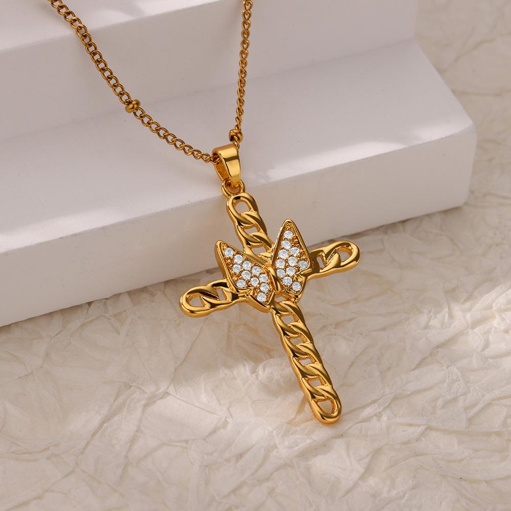 

Zircon Butterfly Chain Cross Necklace for Women Stainless Steel Pendant Necklaces Choker Wedding Jewelry Trip Accessories Gifts