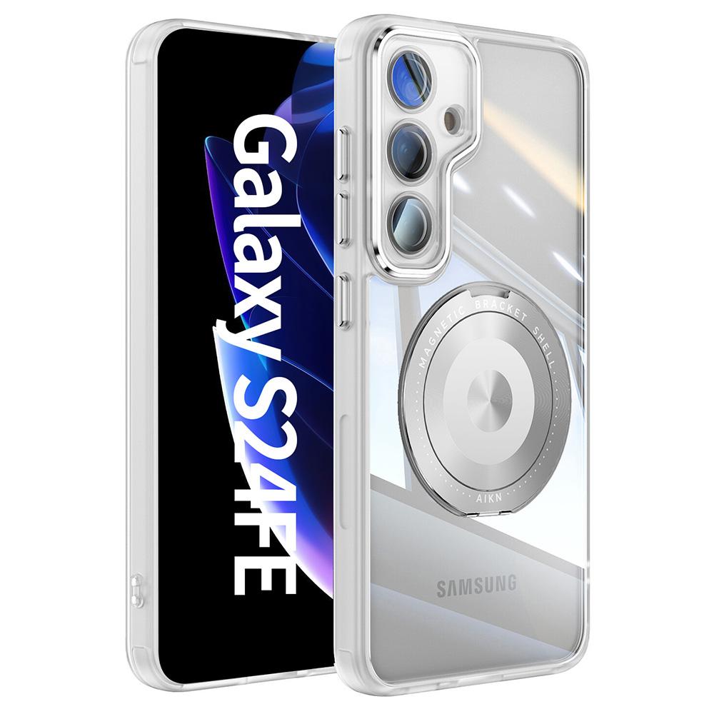 

For Samsung Galaxy S24 FE Magnetic Case PC+TPU Phone Cover with Rotating Metal Kickstand,Lens Protector Matte White