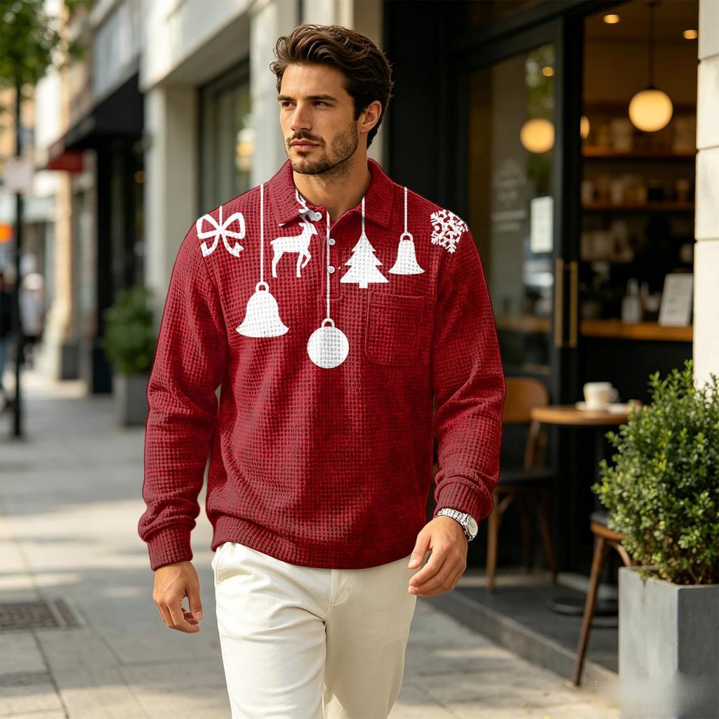 Men's Fall Casual Outdoor Pullover, Long Sleeve Collared Top with Pocket and Christmas Print