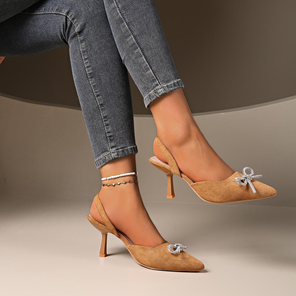 

Женские летние туфли на высоком каблуке, новые, с украшением в виде банта, остроносые, на шпильке, женские сандалии, женские 43 коричневый