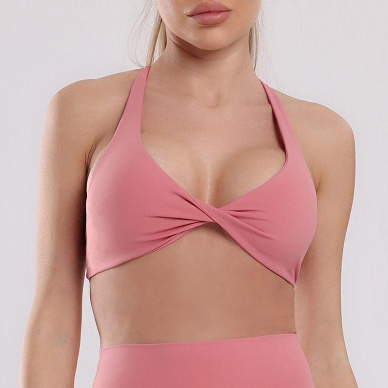 

Cross Thin Shoulder Open Back Sports Intimates Naked Women Sense Push up with Breast Pads Yoga Workout Vest Tight Bra High Elastic L Pink
