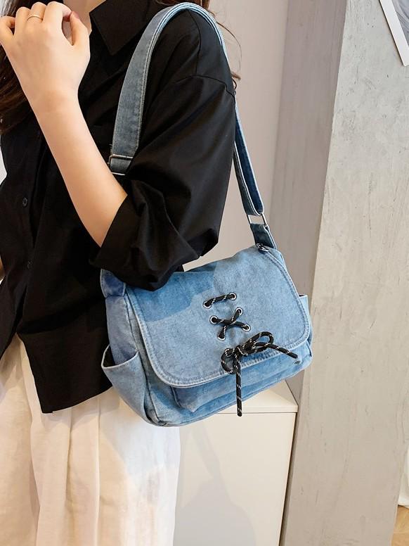 Korean Style Denim One-Shoulder Bag with Drawstring, Large Capacity Crossbody for School and Travel