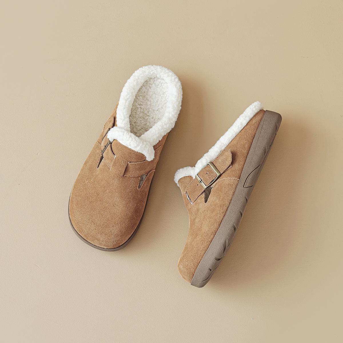 

Women s Baotou Half Slippers, Plus Velvet, Leather Slip-On, Warm Soft Sole Shoes 37