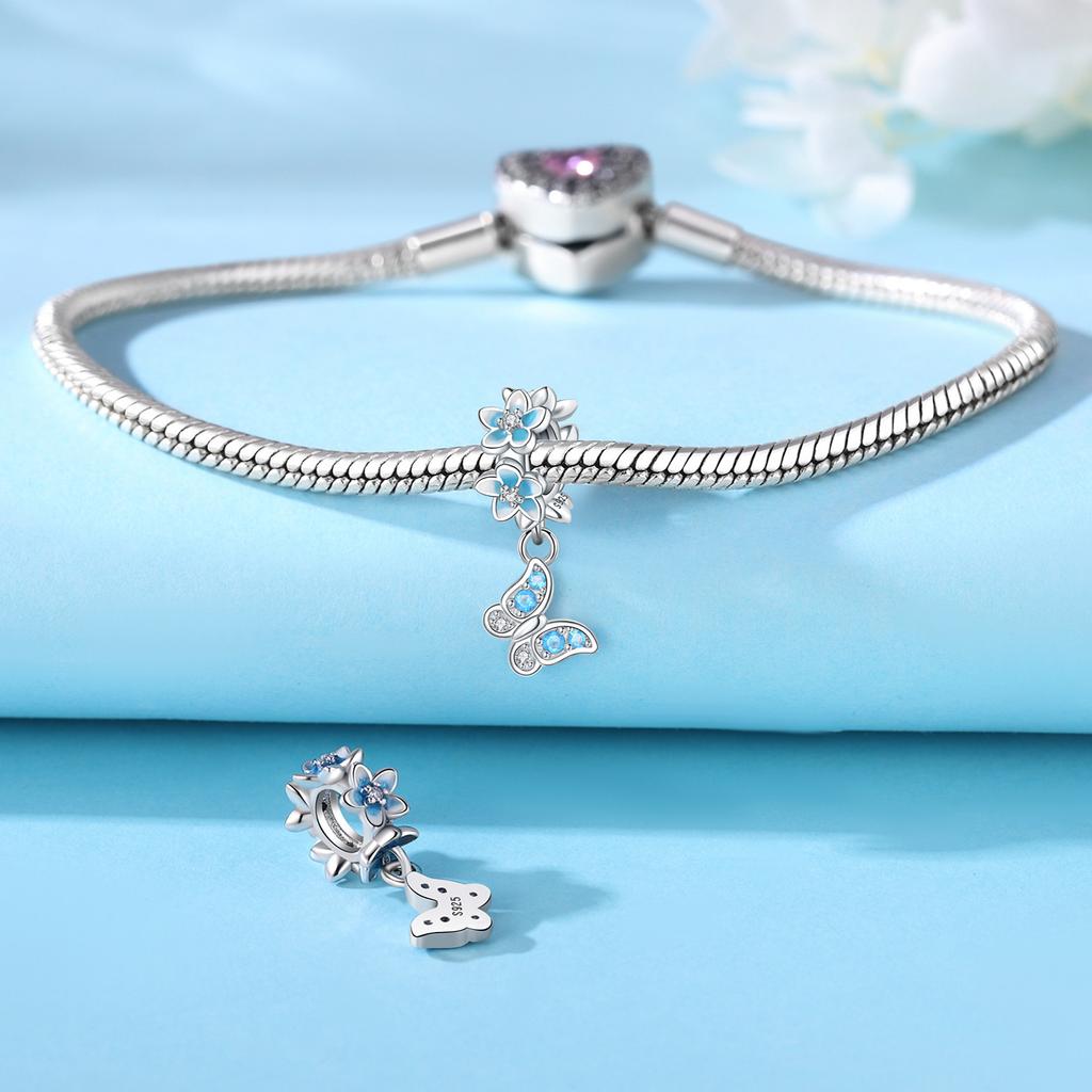 Copper Charms Original Glue-On Blue Butterfly Pendant Plant Beaded Beads Fit Bracelet Jewelry Women Gift Accessory