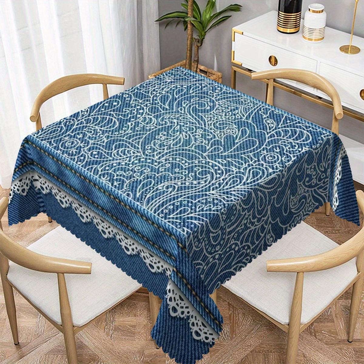 Elegante Blauwe Bloemige Kant Patroon Tafelkleed, Waaiervormige Golvende Rand Rechthoekige Tafelhoes, Polyester Stof voor Eetkamer 140x220cm
