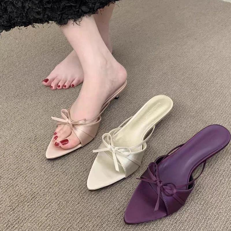 Shoes for Women 2025 Fashion Summer New Peep Toe Women's Slippers Pointed Toe Butterfly-knot Low-heel Sexy Modern Slippers