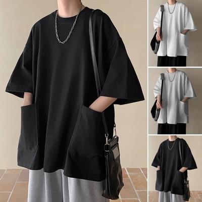 Maglietta Estiva da Uomo Girocollo Larga Media Lunghezza Tinta Unita Taglie Forti Tasche Maniche a Metà Streetwear Top da Esterno