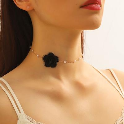 Adjustable Rose Flower Choker Neck Accessories Jewelry Collarbone Chain Pearls Rose Choker Necklace for Wedding Party
