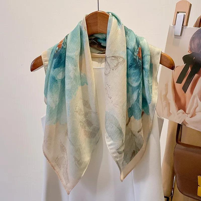 130cm Silk Square Scarf Women Large Shawls Matching Flowers Design Square Bandana Luxury Kerchief Scarf Female Foulards