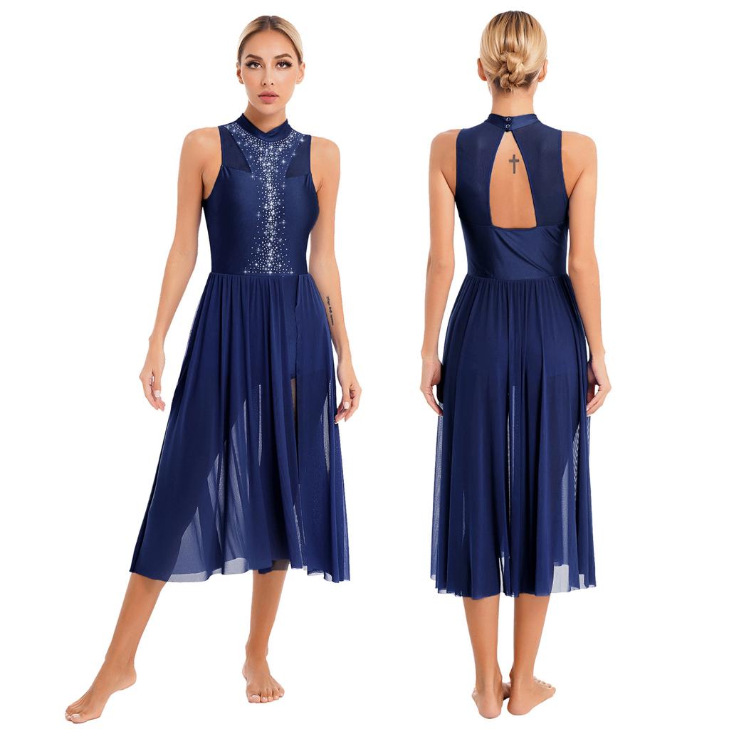 Frauen Asymmetrisches Ballettkleid Strass Ballsaal Lyrische zeitgenössische moderne Tanzkostüme Bühnenkostüm Trikotkleid