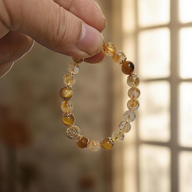Elegant Golden Rutilated Quartz and Tiger's Eye Beaded Bracelet