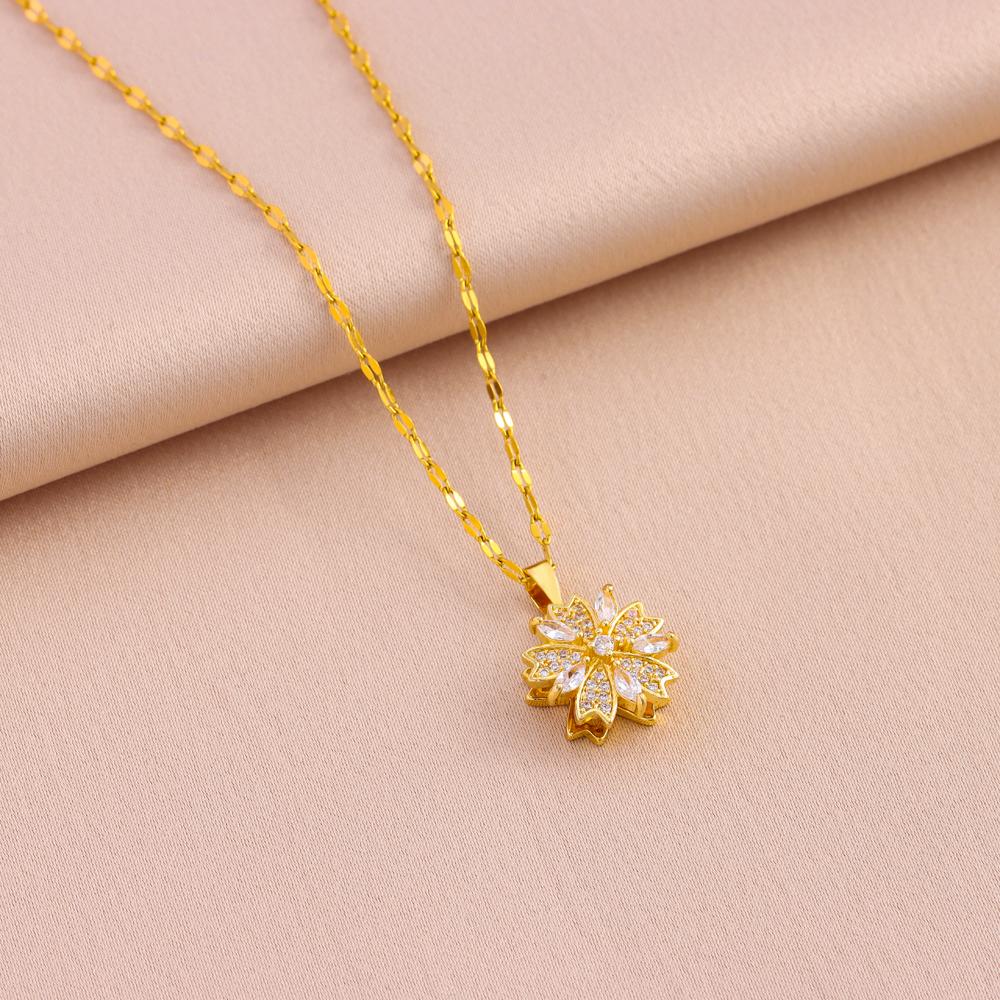 New In Gold Plated Fashion Lucky Rotatable Sakura Pendant Necklaces For Women Female Stainless Steel Clavicle Chain Jewelry