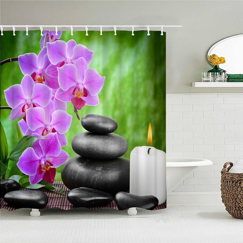 Tenda Doccia Meditazione Pietra Zen Bambù Verde Orchidea Tema Rilassante Spa Tessuto in Poliestere Impermeabile per Bagno Vasca da Bagno