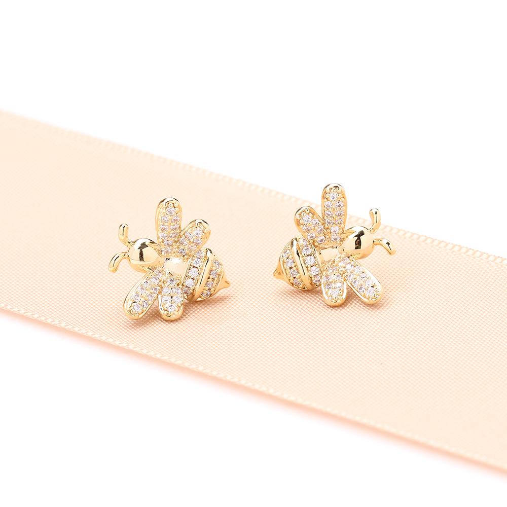 European and American Diamond-encrusted Gold and Silver Two-color Gold-plated Little Bee Shape Earrings, Simple and Versatile 925 Silver Needle Stud E