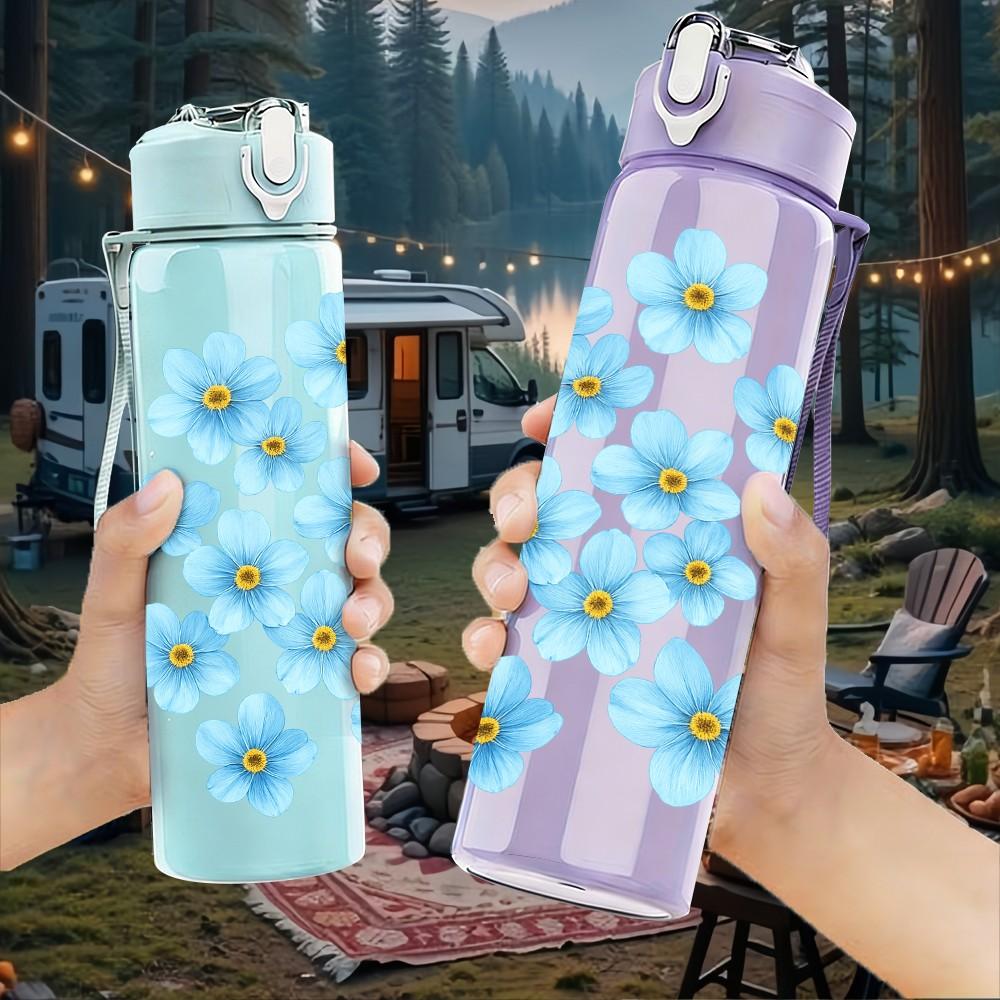 1PC Light Blue Small Flower 750ml Color Plastic Sports Water Bottle Leakproof Flip Straw Lid Suitable for Sports Office Home Use