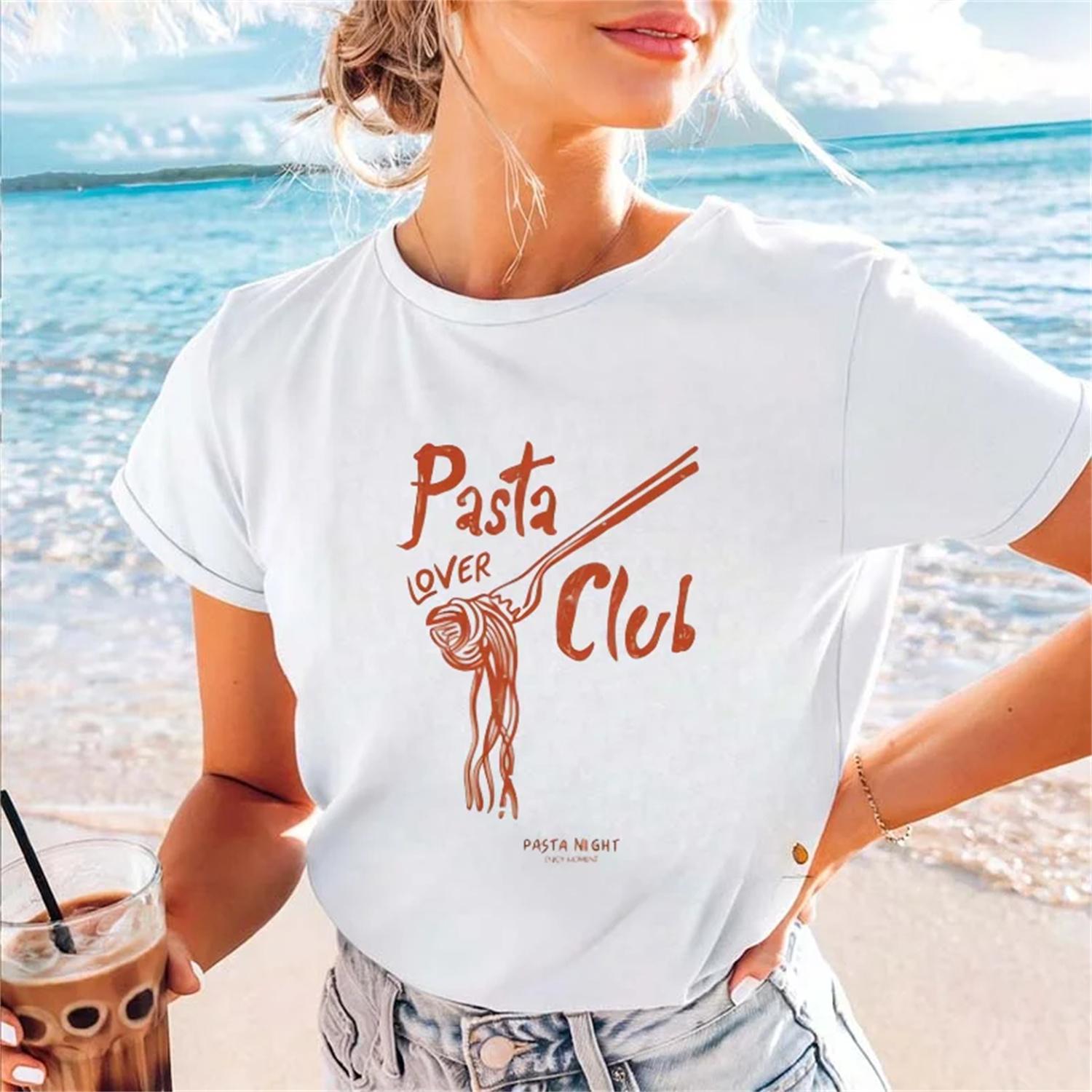 

Pasta Club Pattern Trendy Print 90s Casual Women s O-Neck T-Shirt Short Sleeve Fashion Women s Summer Pattern Basic T-Shirt XXXXXL білий