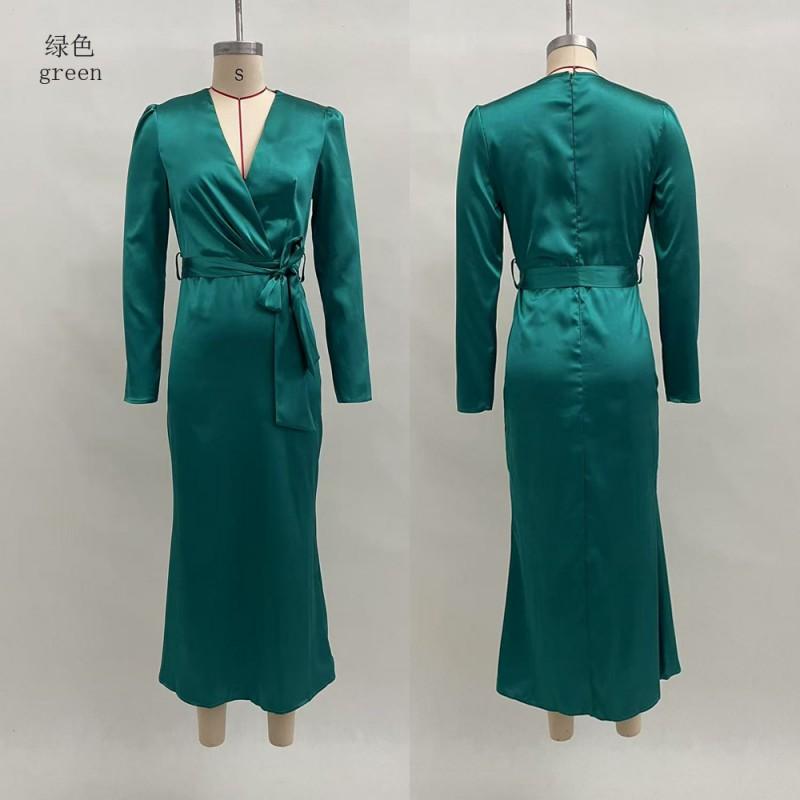 Abito Midi da Donna a Vita Alta con Laccetti Incrociati, Manica Lunga, Vestibilità Slim, Scollo a V, Colore Unico, Camoscio Velluto, Elegante, Ufficio Casual