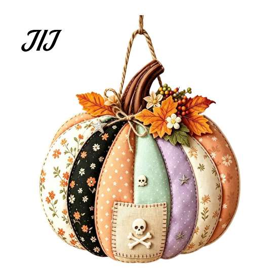 Seasonal Indoor Outdoor Sign Patchwork Pumpkin Wooden Door Hanger, Fall Harvest Halloween Decorative Maple Leaf Wreath with Leaves Berries, Farmhouse