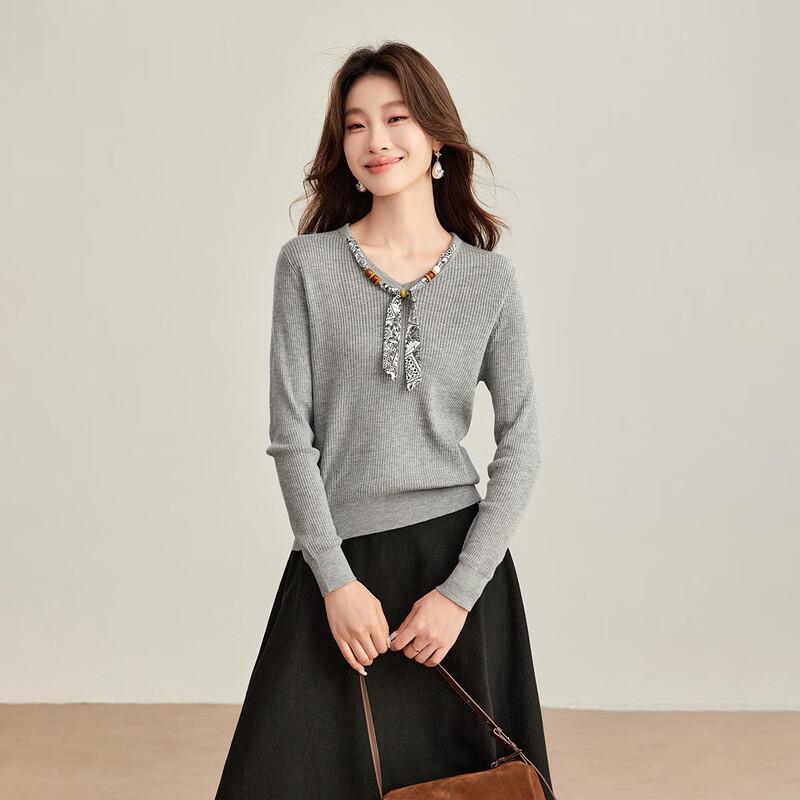 Elegant V-Neck Wool Blend Knit Top with Scarf Ribbon Detail