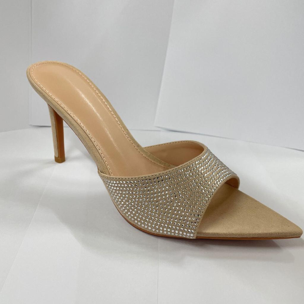 Summer women's stunning fine-heeled rhinestone high-heeled slippers with skirt pointed one-word high heels, sexy and not tired