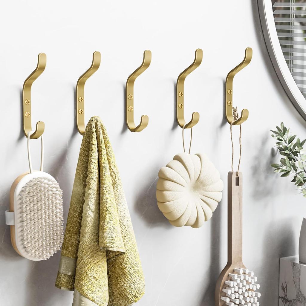 Wall Hook for Hanging Coats - Stainless Coat Hook 5 Pack Wall Mount for Backpack, Bag, Keys and Towel, Double Hook In Closet, Entryway, Door,