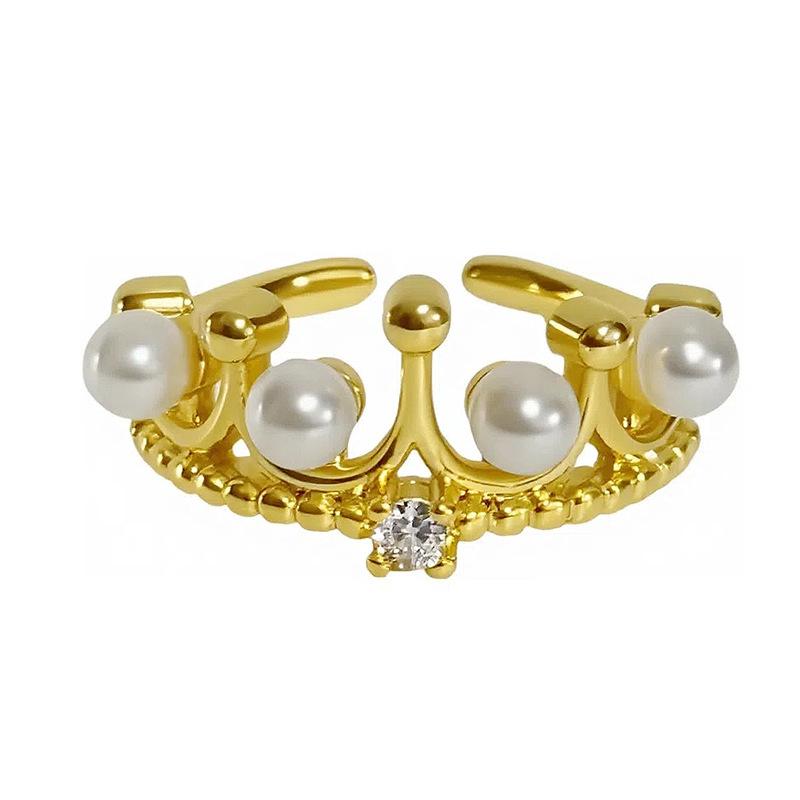 Anel Aberto de Contas de Coroa de Luxo Leve Vintage Medieval Zircônia Requintada Estilo Corte Retrô Francês Anel de Dedo Indicador