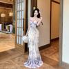 French suspender dress women's summer mesh printing temperament shows thin long seaside vacation dress shows figure dress dress dress