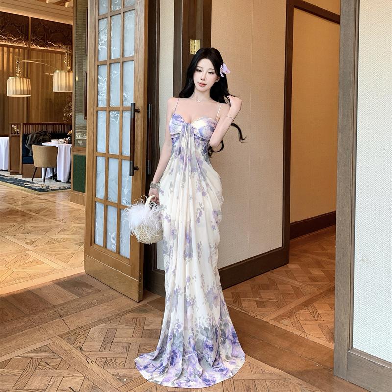 French suspender dress women's summer mesh printing temperament shows thin long seaside vacation dress shows figure dress dress dress