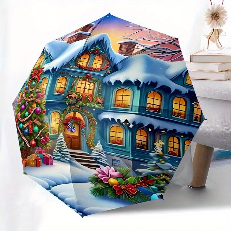 Christmas, Winter Wonderland Theme 8 Bone Hand Automatic Folding Umbrella, Compact and Portable Design, A Perfect Gift for Birthday, Christm