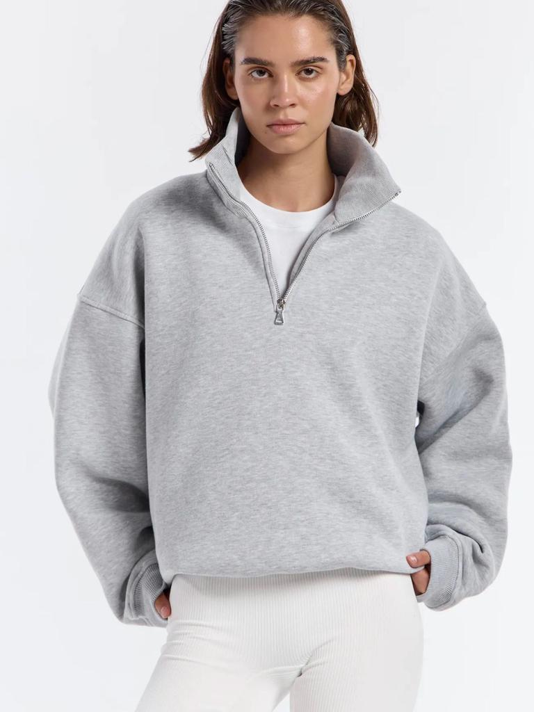 Felpa da Donna con Scollo a Polo a Manica Lunga Vestibilità Larga Streetwear Colore Unico Pullover con Mezza Zip