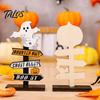 Small Desktop Ornaments Wooden Halloween Sign Decoration, DIY Ghost Pumpkin Bat Tabletop Ornament with Atmosphere Props Spooky Slogans, Rustic