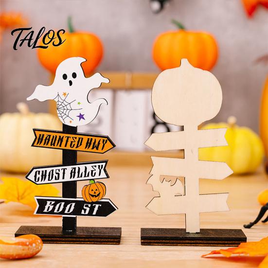 Small Desktop Ornaments Wooden Halloween Sign Decoration, DIY Ghost Pumpkin Bat Tabletop Ornament with Atmosphere Props Spooky Slogans, Rustic