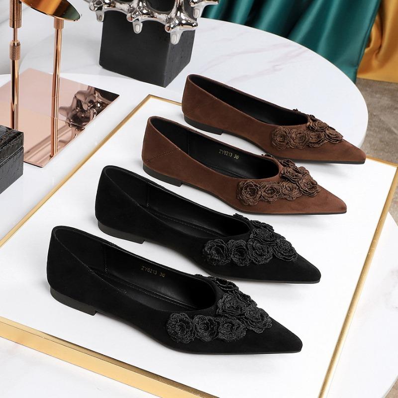 Women's Pointed Toe Suede Flats with 3D Floral Decor Slip-on Elegant Casual Shoes