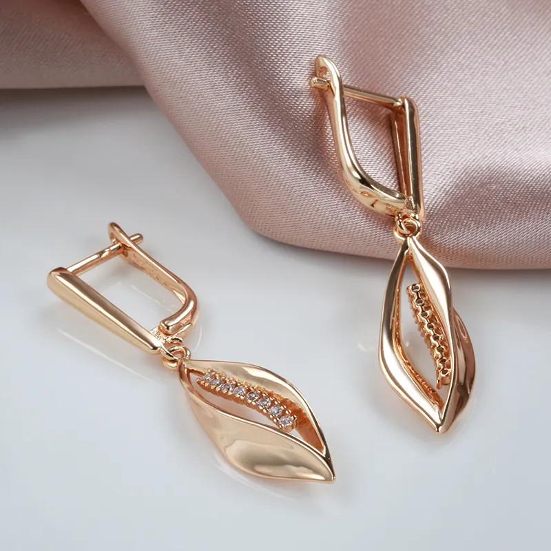 1 Pair Golden Color Long Leaf Drop Earrings for Women Zircon Elegant Wedding Jewelry Trendy Dangle Earrings